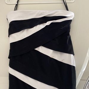 Strapless black and white cocktail dress.